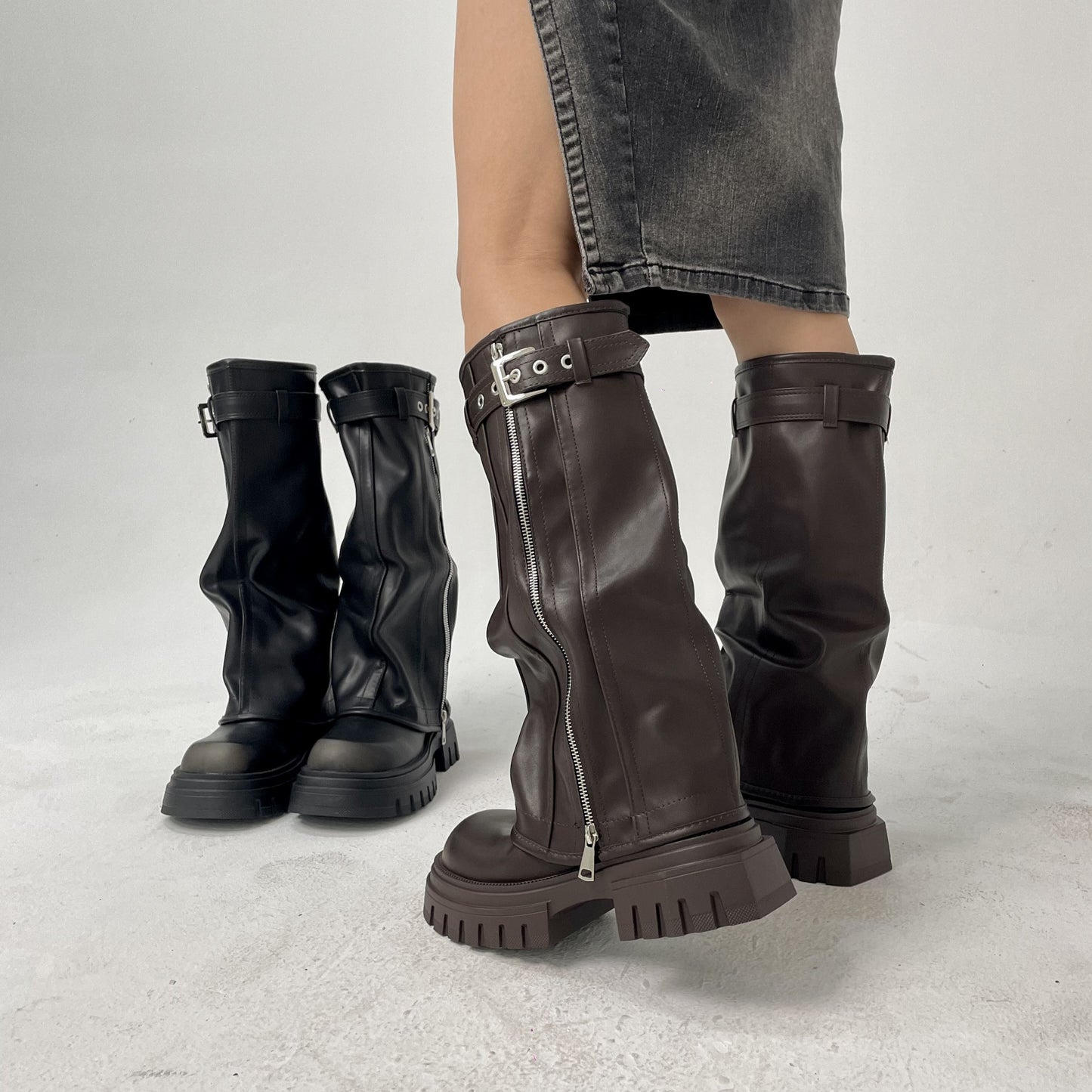 Evita - Knee-high Platform Fold Over Chunky Boots