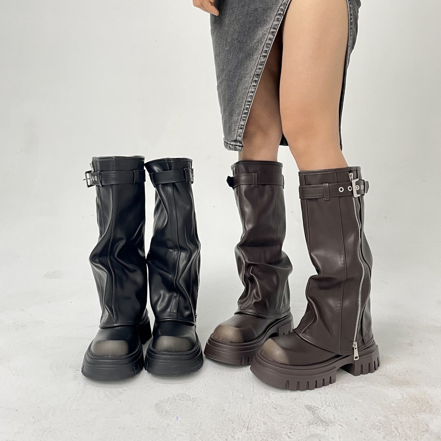 Evita - Knee-high Platform Fold Over Chunky Boots
