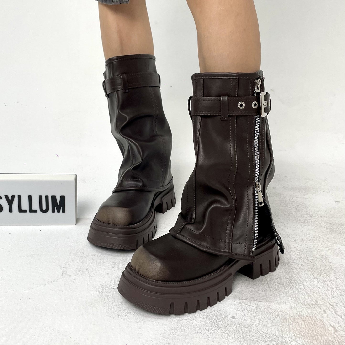 Evita - Knee-high Platform Fold Over Chunky Boots