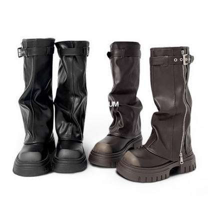 Evita - Knee-high Platform Fold Over Chunky Boots