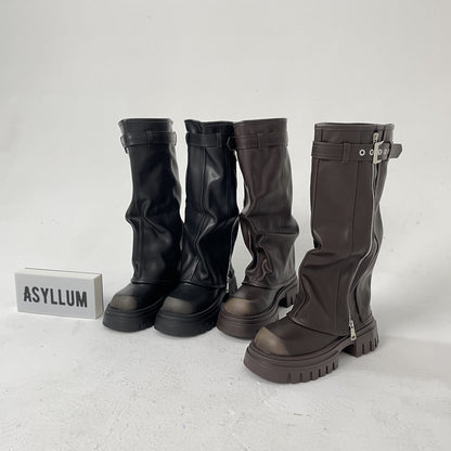 Evita - Knee-high Platform Fold Over Chunky Boots